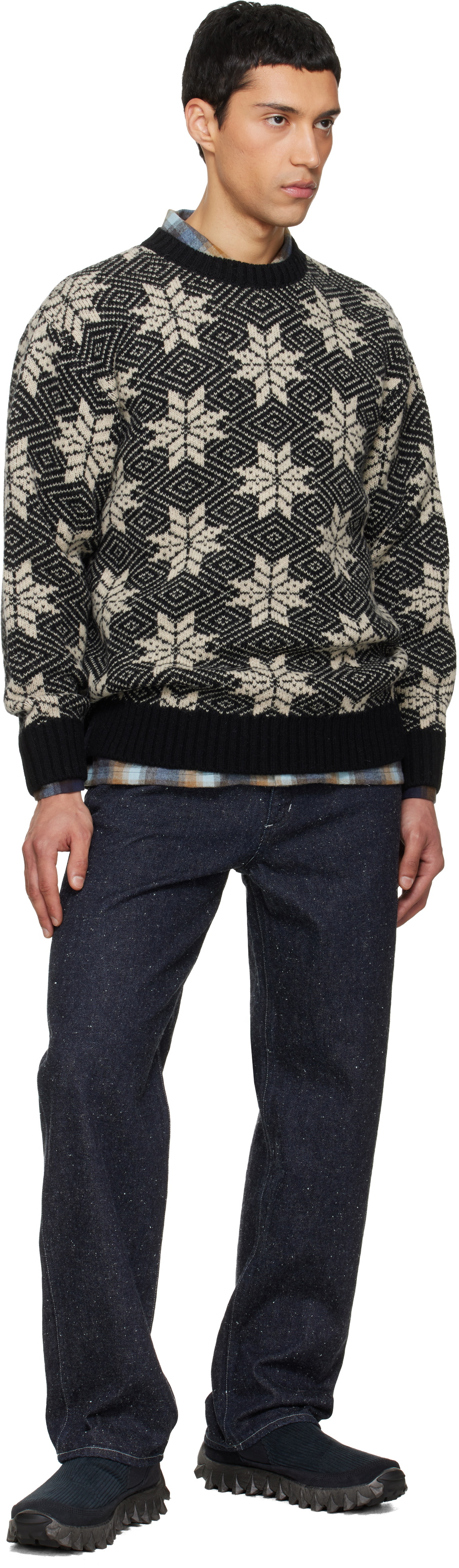 South2 West8 Black Crew Neck Snowflakes Sweater