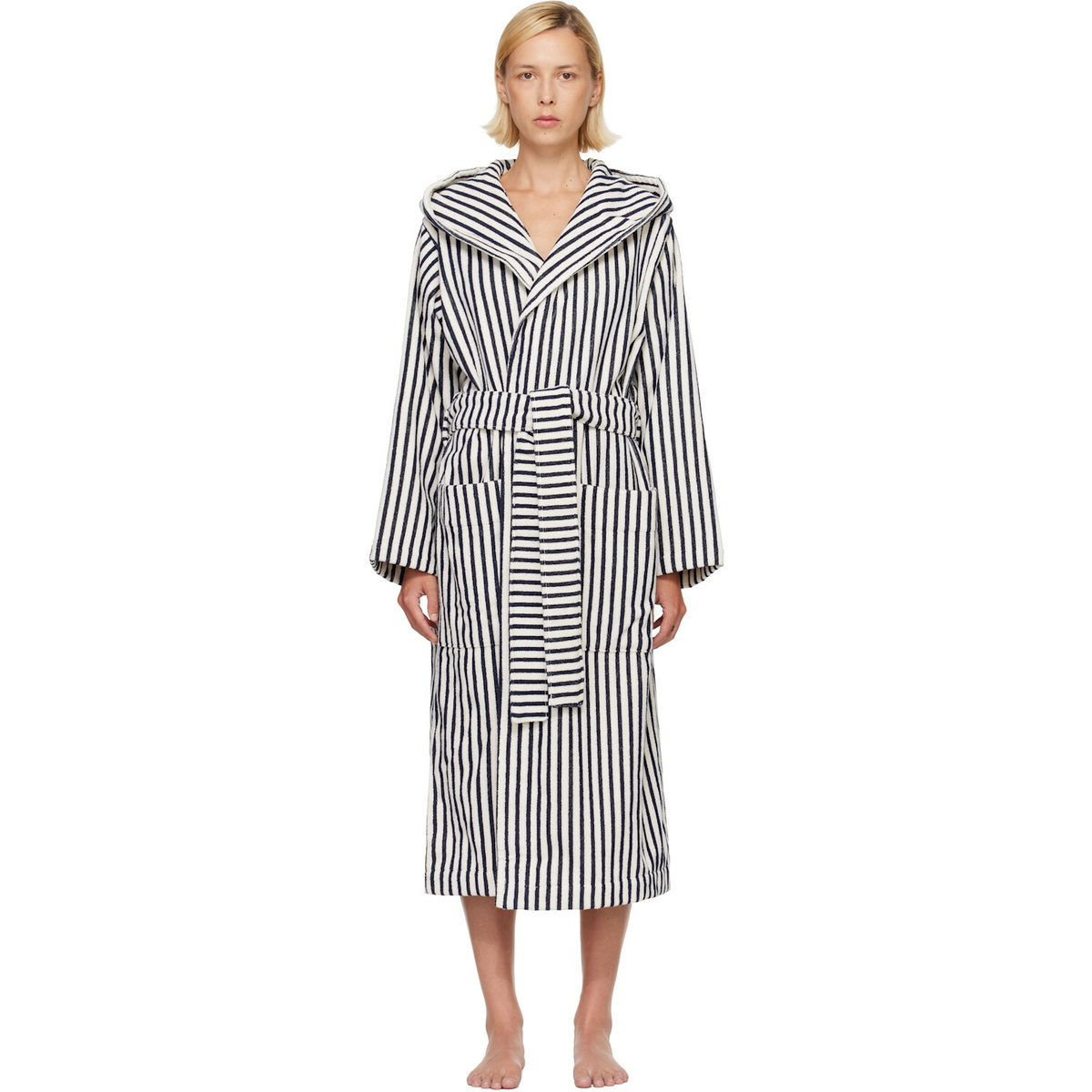Tekla Navy & White Terry Hooded Bathrobe
