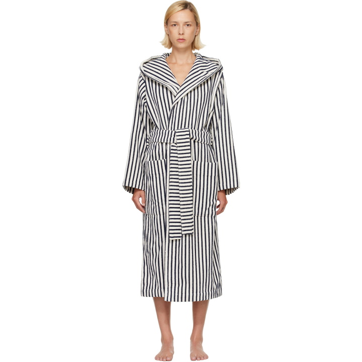 Photo: Tekla Navy & White Terry Hooded Bathrobe