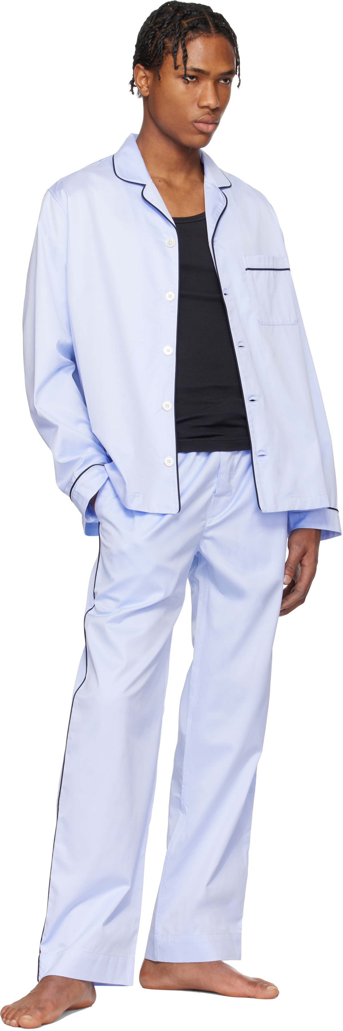 Tekla Blue Sateen Long-Sleeved Pyjama Shirt