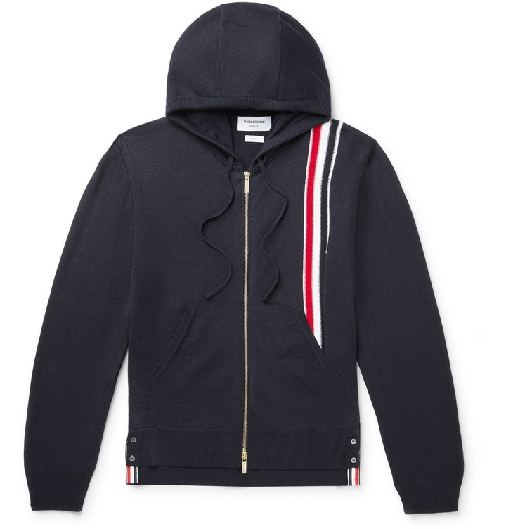 Photo: Thom Browne - Striped Grosgrain-Trimmed Merino Wool Zip-Up Hoodie - Blue