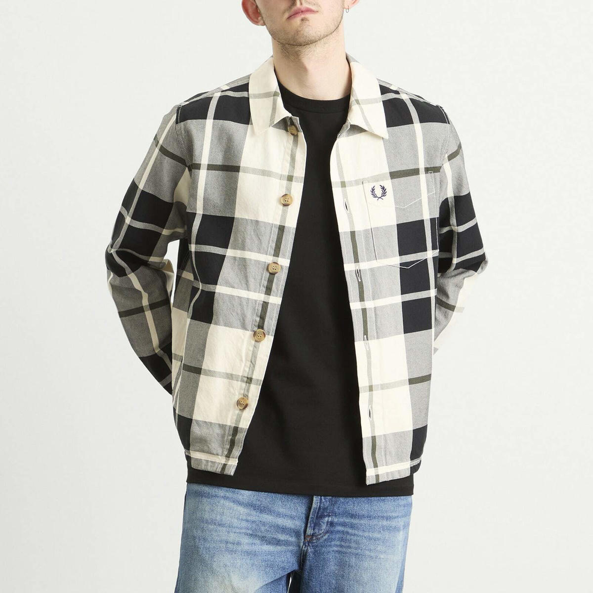 Fred Perry Men's Tartan Twill Overshirt in Ecru