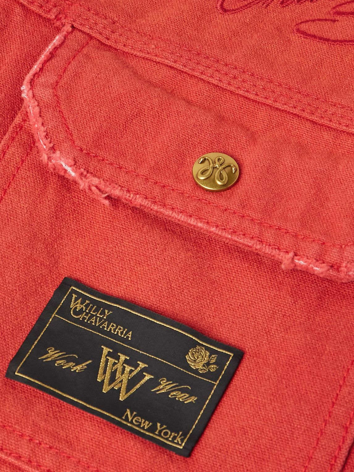 Willy Chavarria - Stockton Cropped Logo-Detailed Distressed Denim Jacket - Red