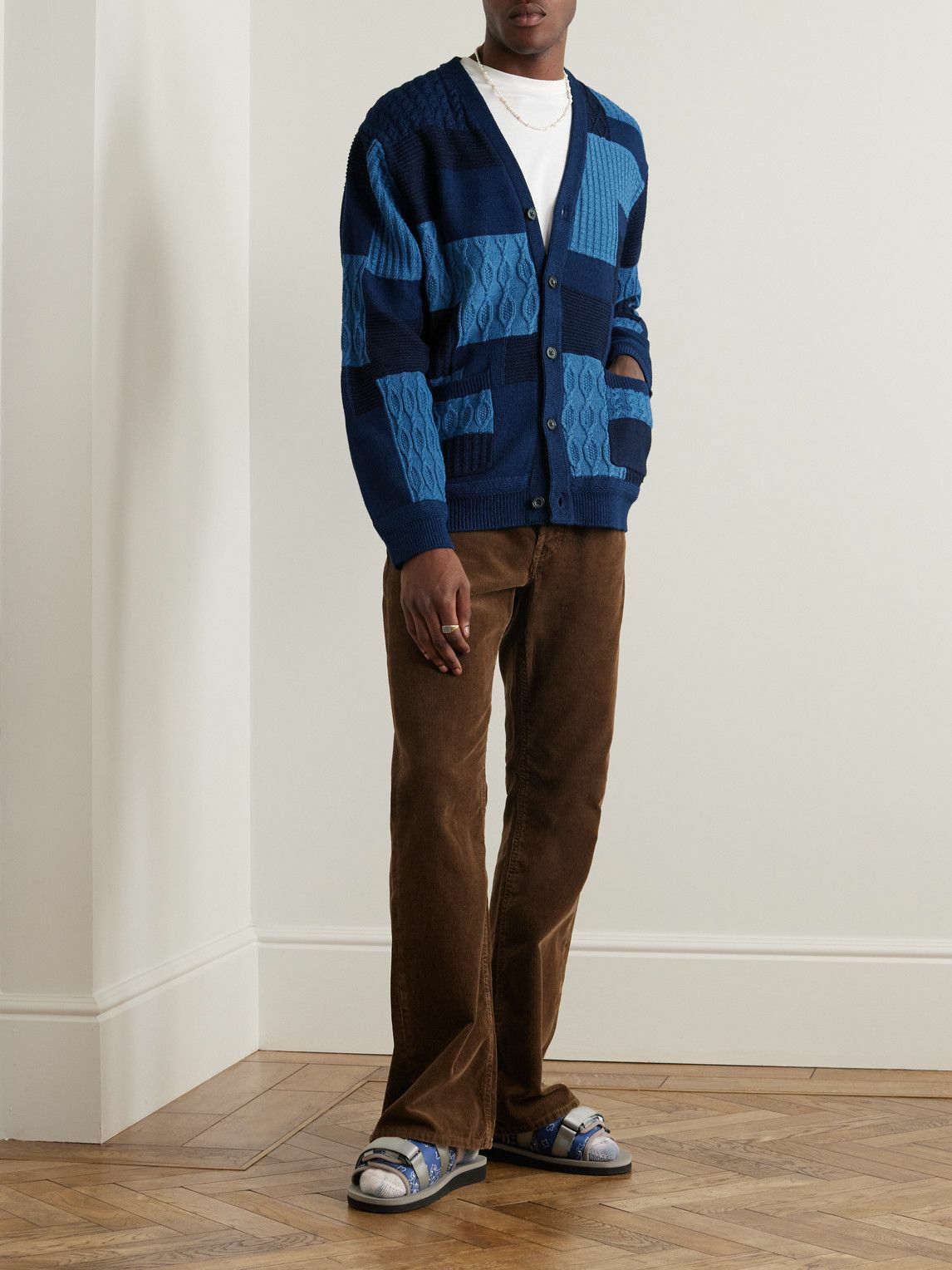 Beams Plus - Patchwork Knitted Cotton Cardigan - Blue Beams Plus