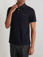 Zegna - Leather-Trimmed Cotton-Piqué Polo Shirt - Blue