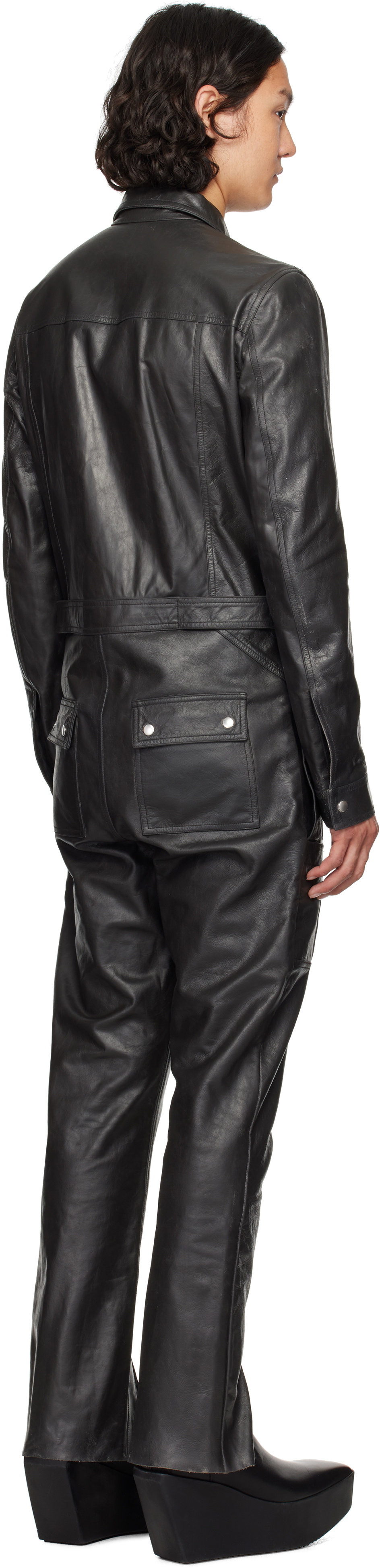 Rick Owens Black Hollywood Headon Flightsuit Leather Jumpsuit Rick