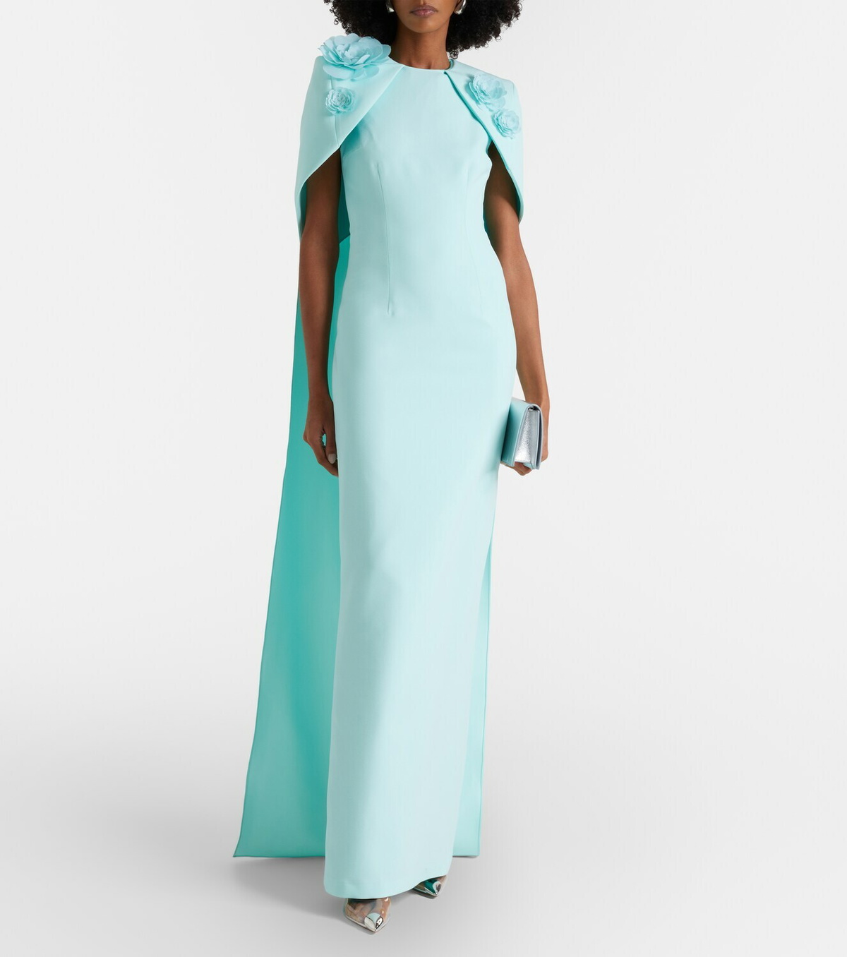 Safiyaa Lennox floral-appliqué caped crêpe gown