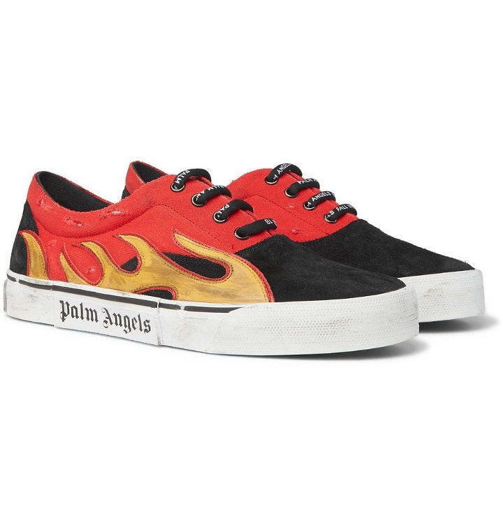 Photo: Palm Angels - Distressed Suede, Canvas and Leather Sneakers - Men - Red