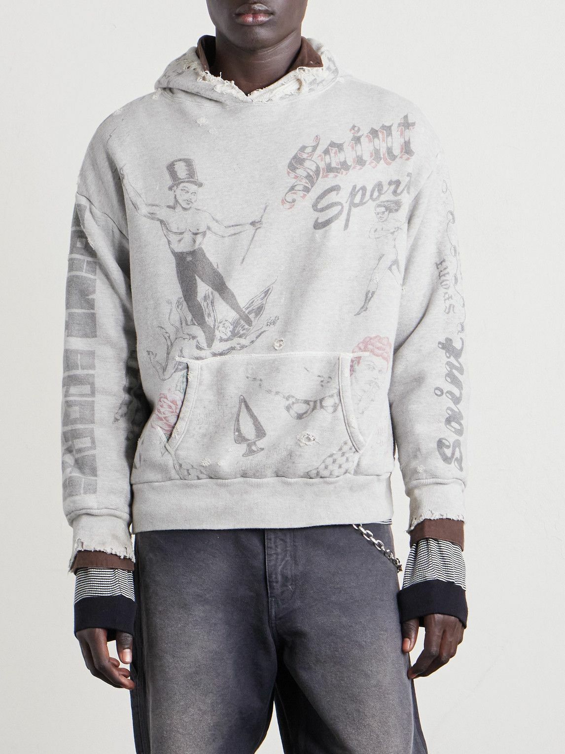 SAINT MXXXXXX - Printed Distressed Cotton-Jersey Hoodie - Gray