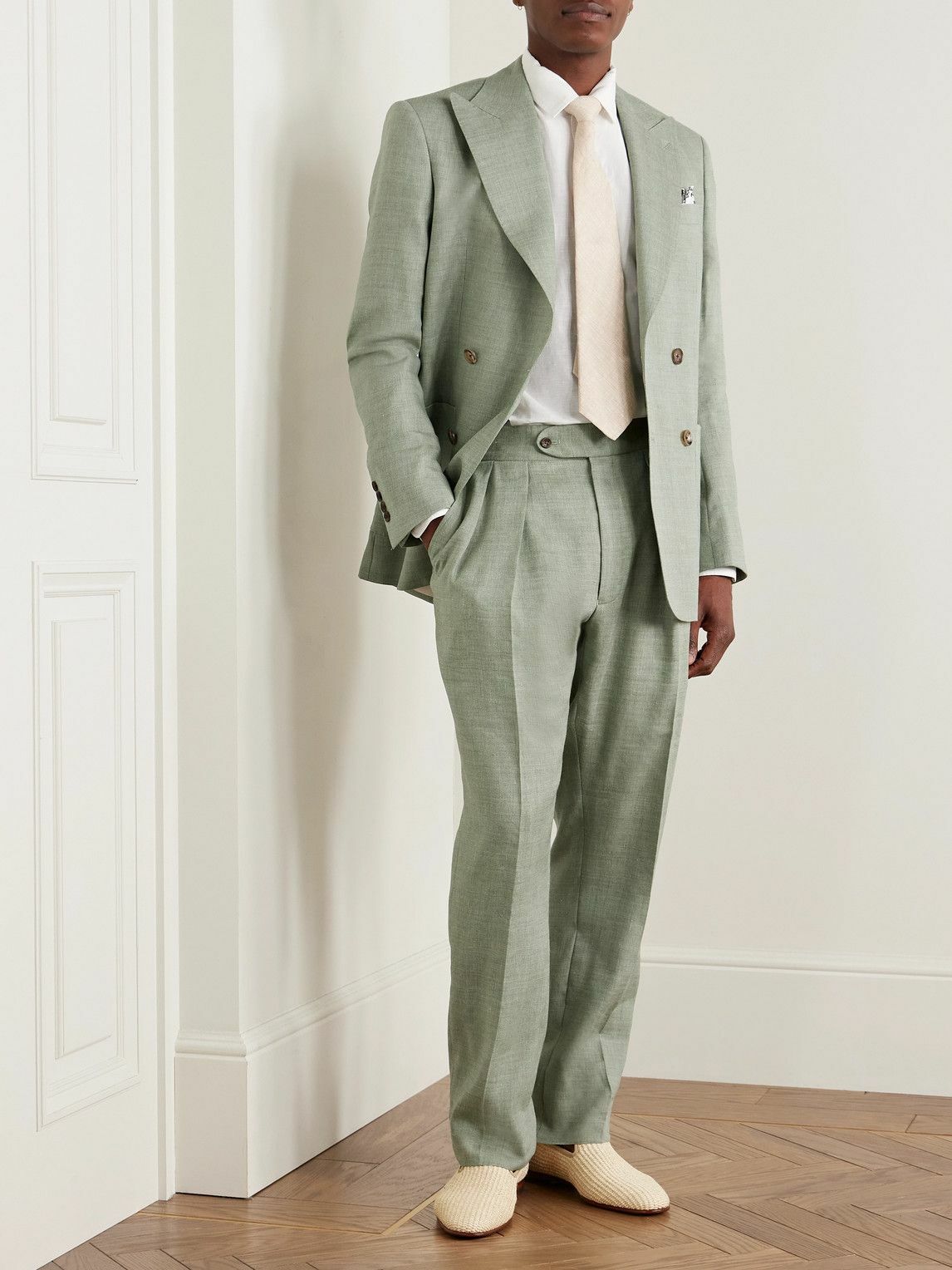 Richard James - Hepworth Straight-Leg Pleated Herringbone Linen and Wool-Blend Suit Trousers - Green