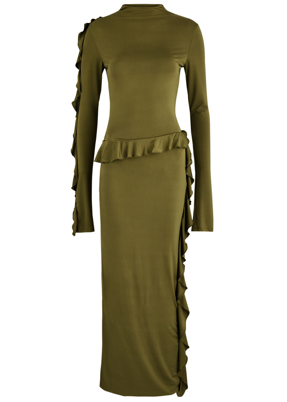 Paris Georgia Mira Ruffled Stretch-jersey Maxi Dress Olive Paris Georgia