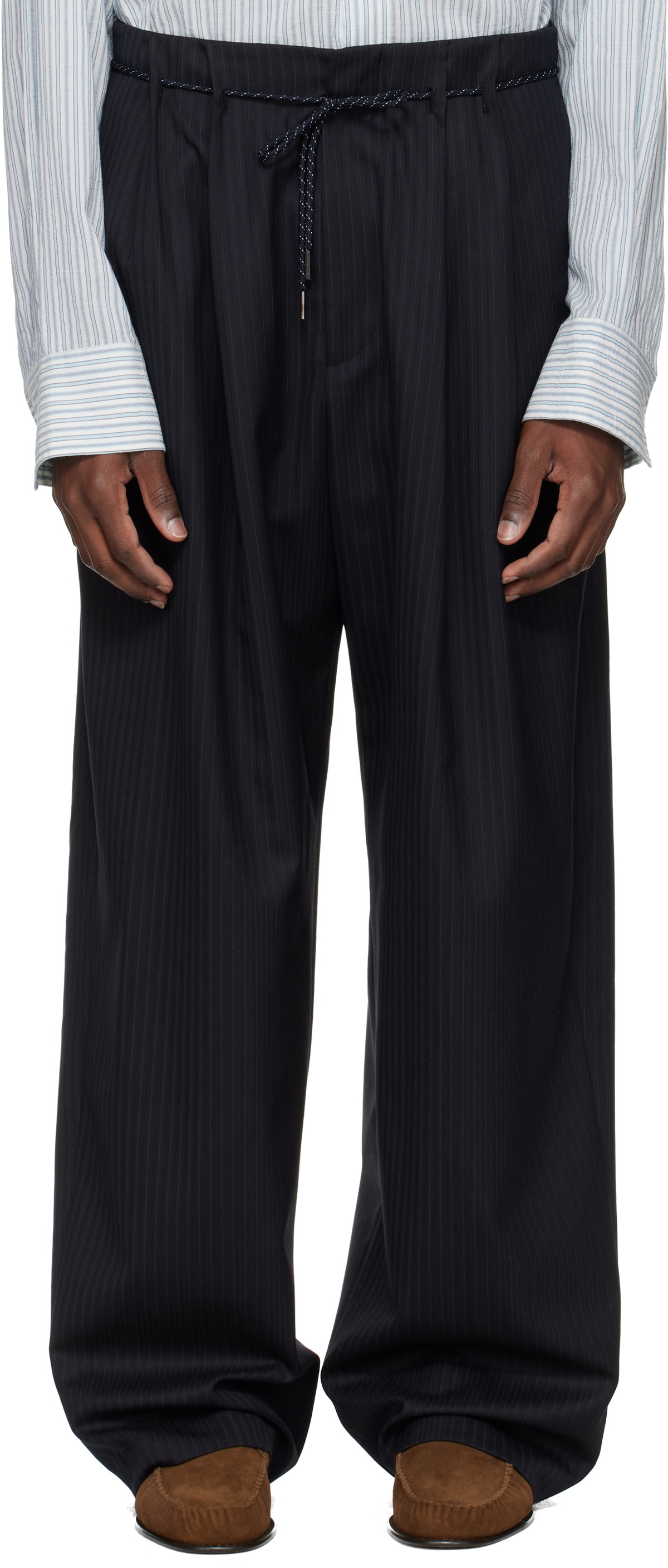 WOOYOUNGMI Navy Wool Stripe Wide Trousers