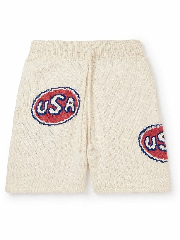Photo: Cherry Los Angeles - Straight-Leg Logo-Intarsia Organic Cotton Shorts - Neutrals