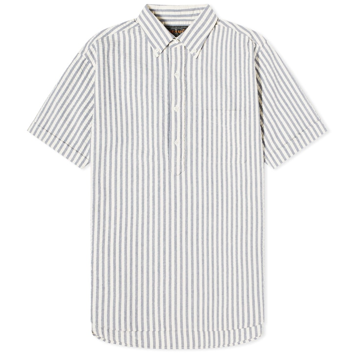 Photo: Beams Plus Men's Button Down Popover Short Sleeve Seersucker Shirt in Blue Stripe