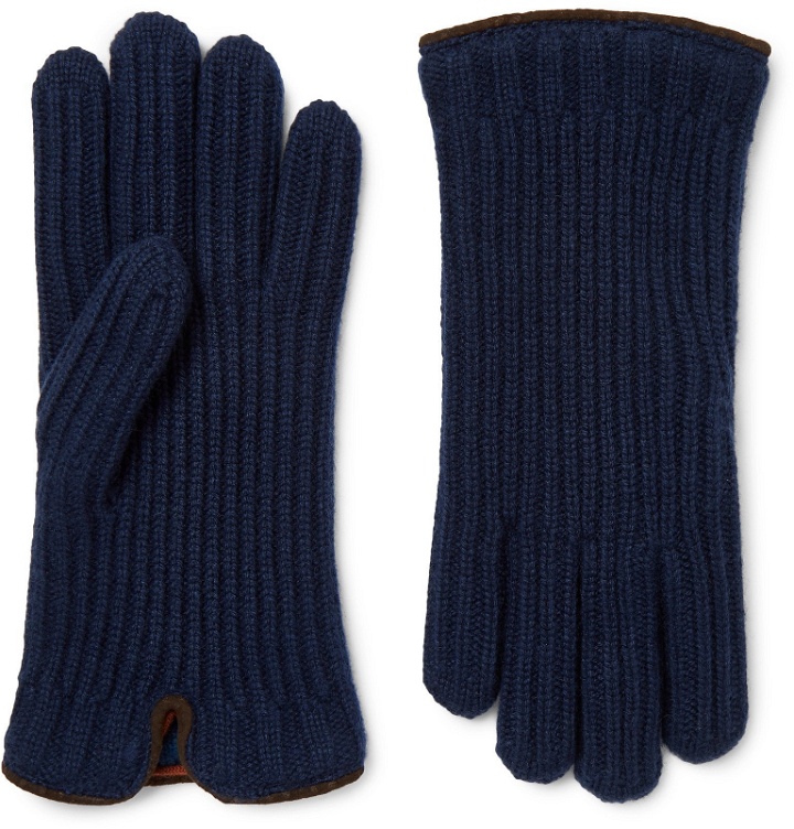 Photo: Loro Piana - Leather-Trimmed Ribbed Cashmere Gloves - Blue