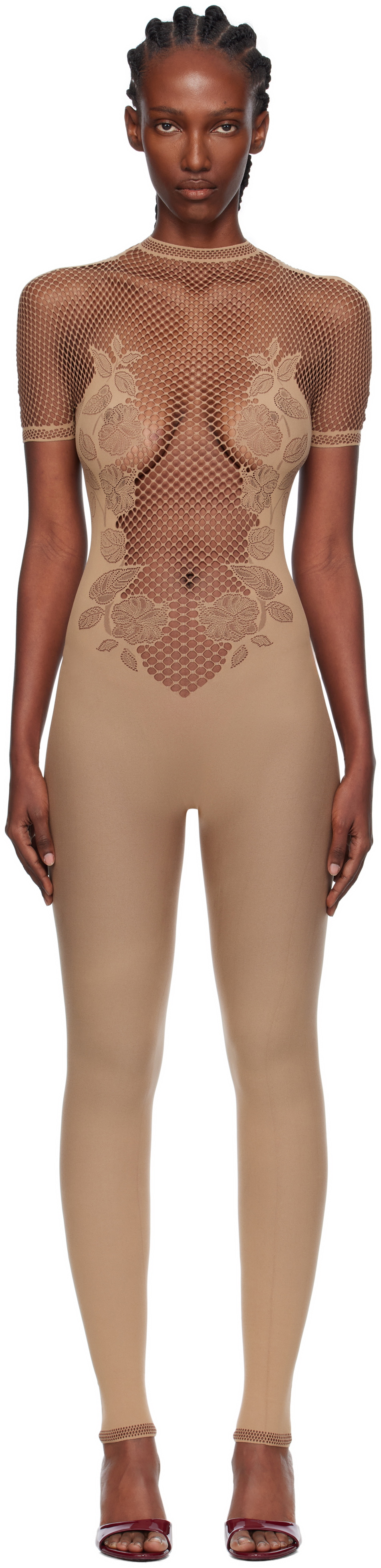 Poster Girl Beige Leaves Fishnet Jumpsuit