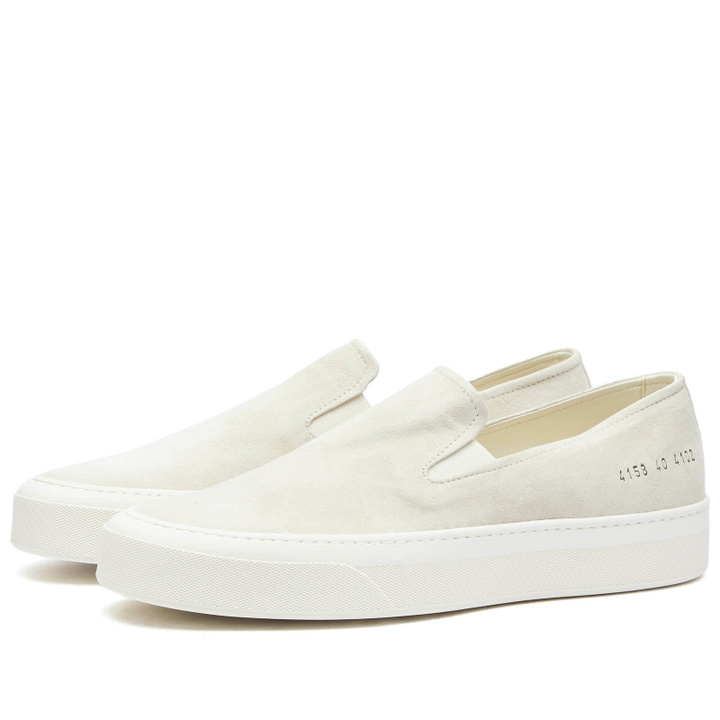 Photo: Woman by Common Projects Women's Suede Slip On Shoes in Off White