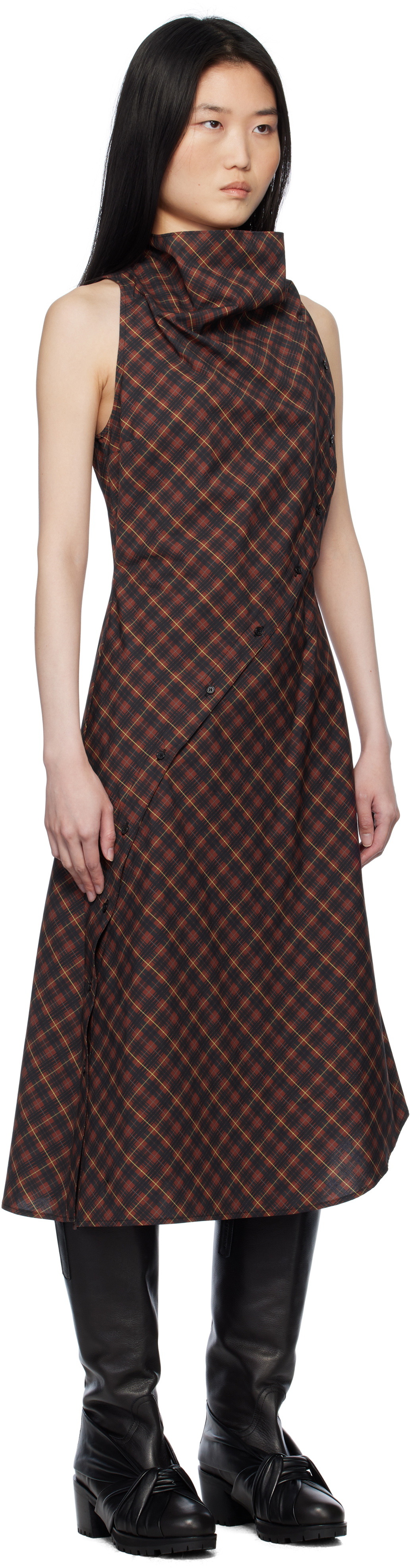 Pushbutton Red Halter Sleeveless Midi Dress