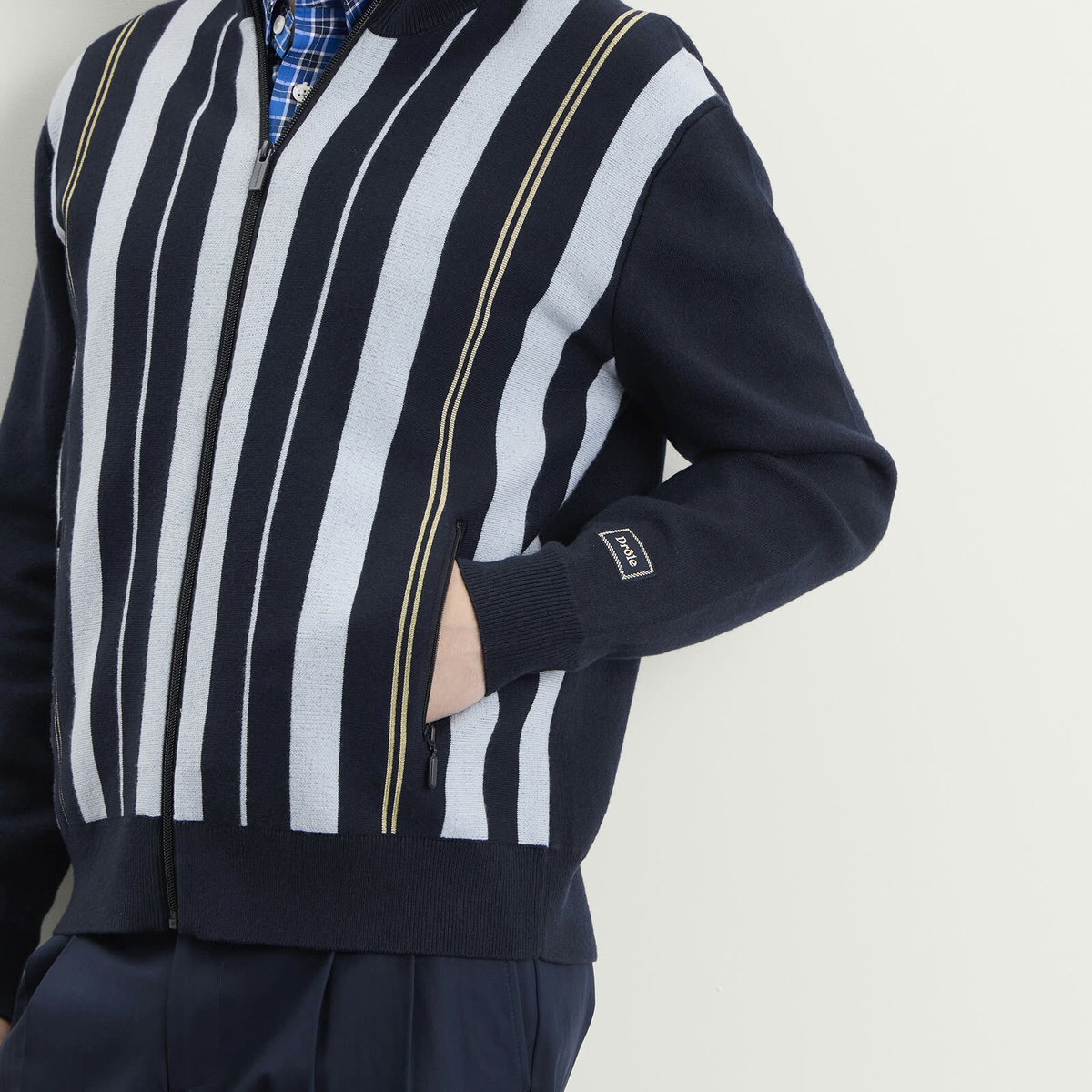 Drôle de Monsieur Men's Striped Zipped Knit Jacket in Navy