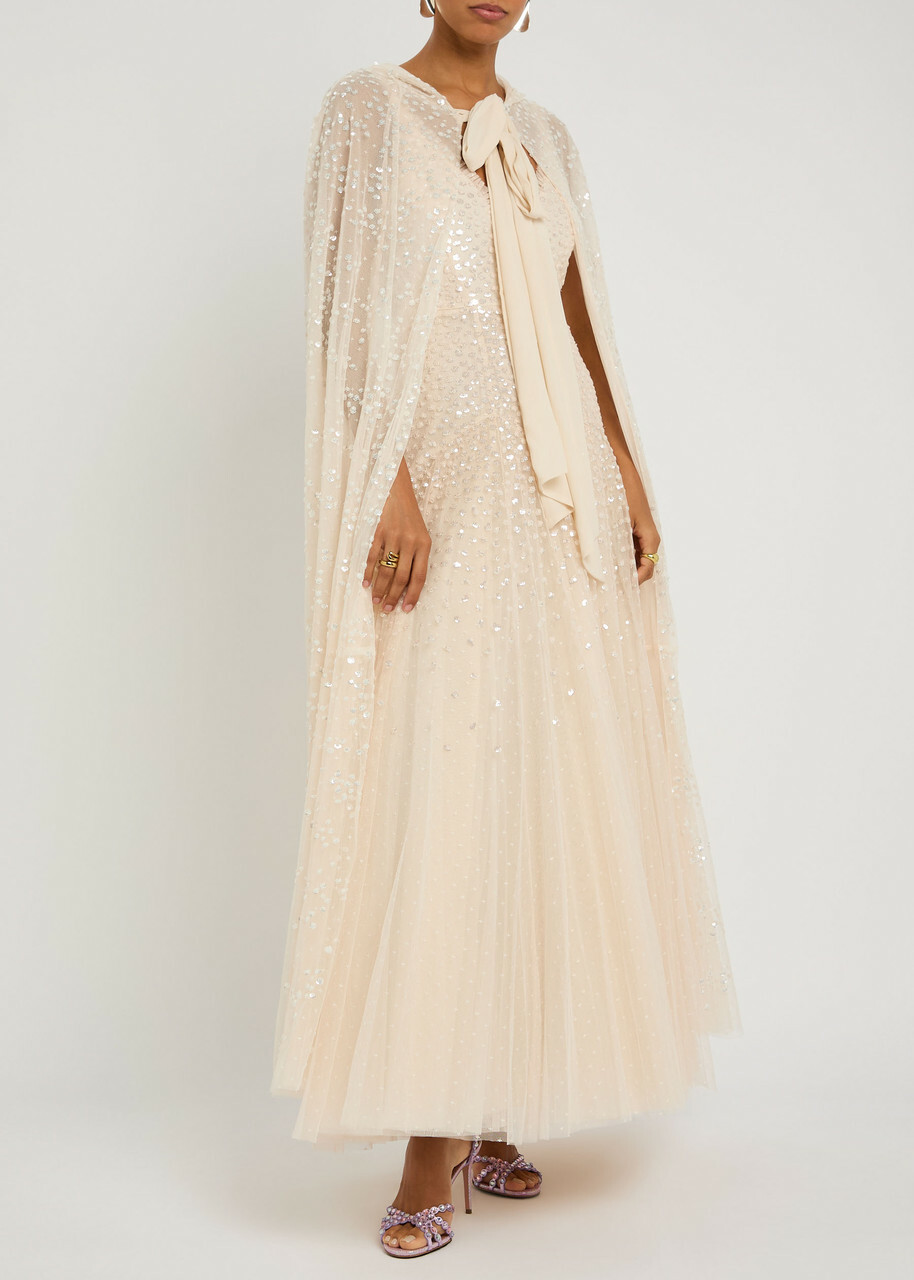Needle & Thread Dappled Hooded Tulle Cape Cream