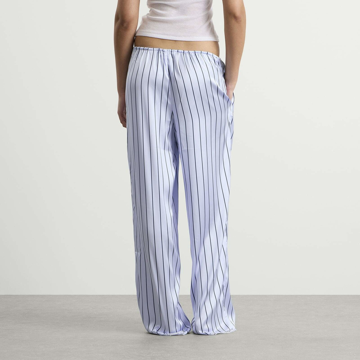SKIMS Women's Woven Shine Pant With Lace in Powder Blue Stripe