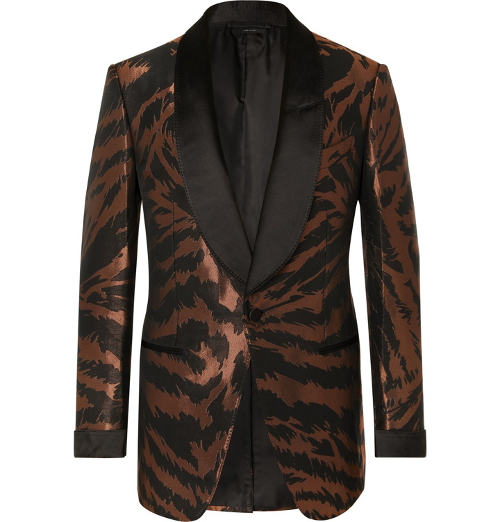 Photo: TOM FORD - Copper Slim-Fit Satin-Trimmed Zebra-Jacquard Tuxedo Jacket - Metallic