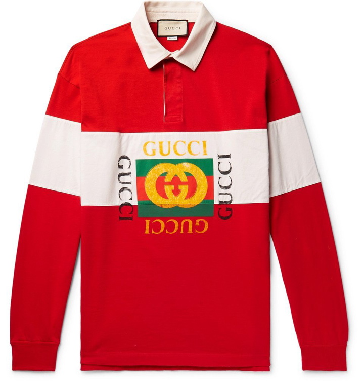 Photo: Gucci - Logo-Print Striped Loopback Cotton-Jersey Polo Shirt - Men - Red
