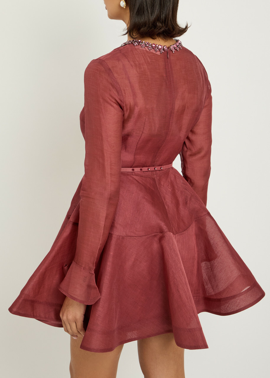 Zimmermann Alchemy Belted Linen-blend Mini Dress Dark Red