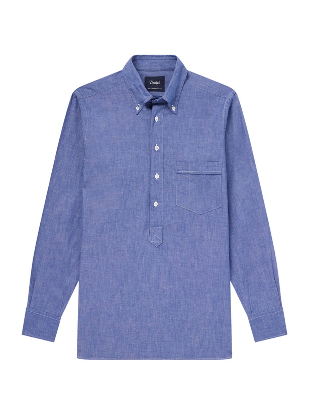 Photo: Drake's - Button-Down Collar Cotton and Linen-Blend Polo Shirt - Blue
