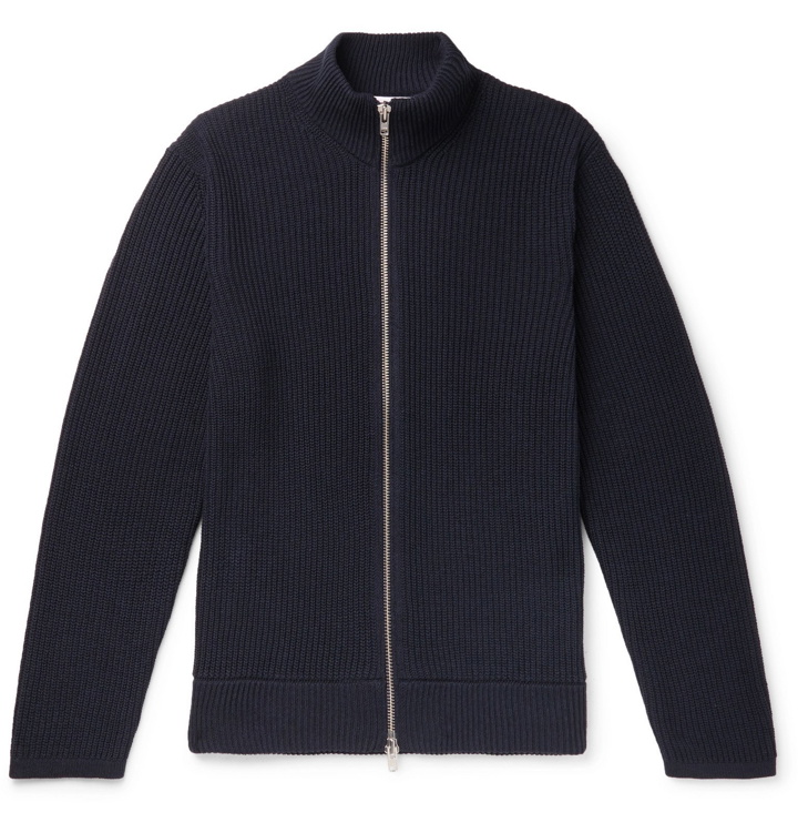 Photo: NN07 - Piet Slim-Fit Ribbed Cotton-Blend Zip-Up Sweater - Blue