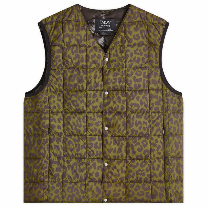 Photo: Taion Men's V-Neck Down Vest in Leopard