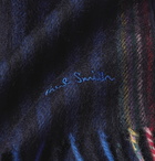 Paul Smith - Logo-Embroidered Fringed Striped Wool and Cashmere-Blend Scarf - Blue