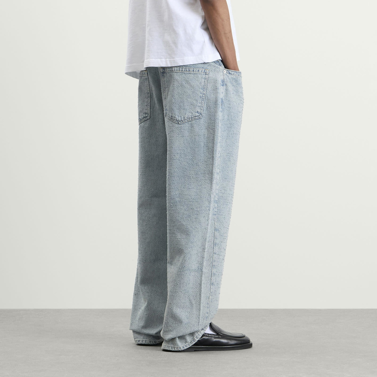 MKI Men's Twisted Weave Wide Leg Jeans in Bleach Wash