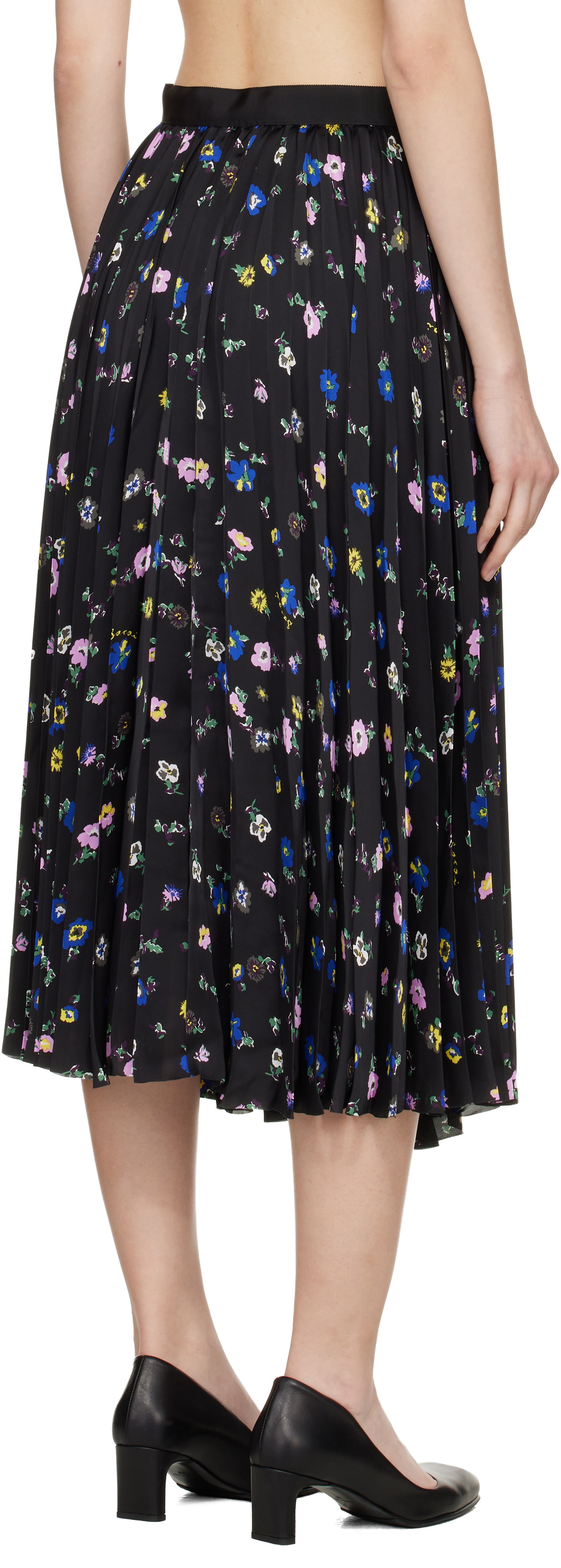 sacai Black Floral Print Midi Skirt
