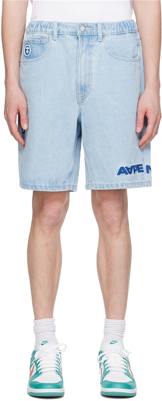 Photo: AAPE by A Bathing Ape Blue Embroidered Denim Shorts