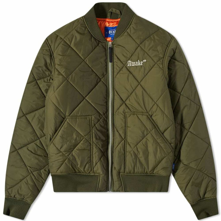 Photo: Awake NY Quilted Patch Bomber Jacket in Olive