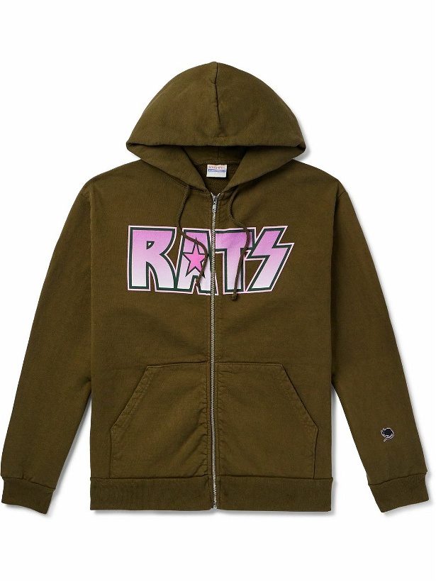 Photo: Stray Rats - Logo-Print Cotton-Jersey Zip-Up Hoodie - Green