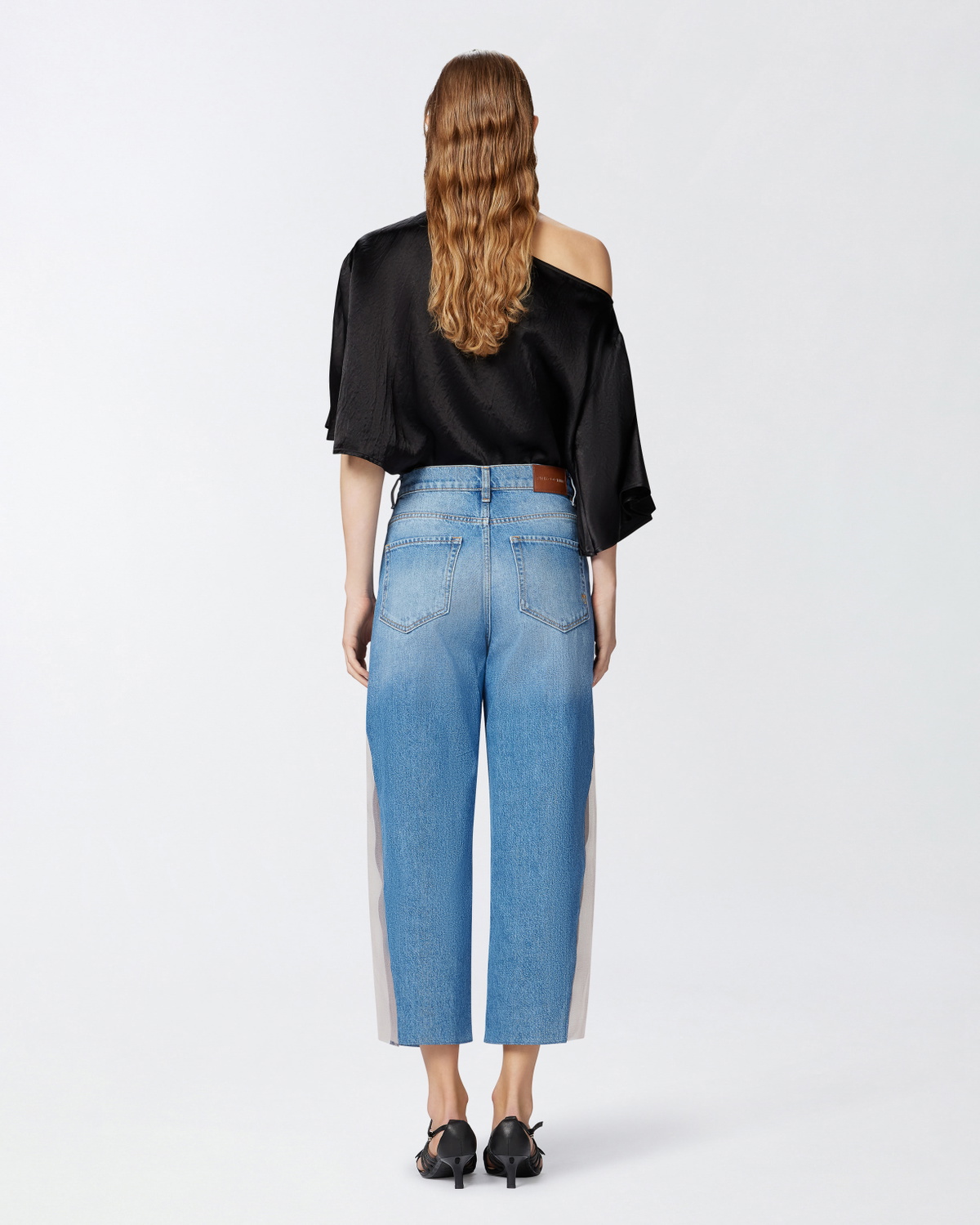 Pinko Mom Fit Jeans With Sheer Organza Inserts Light Vintage Wash