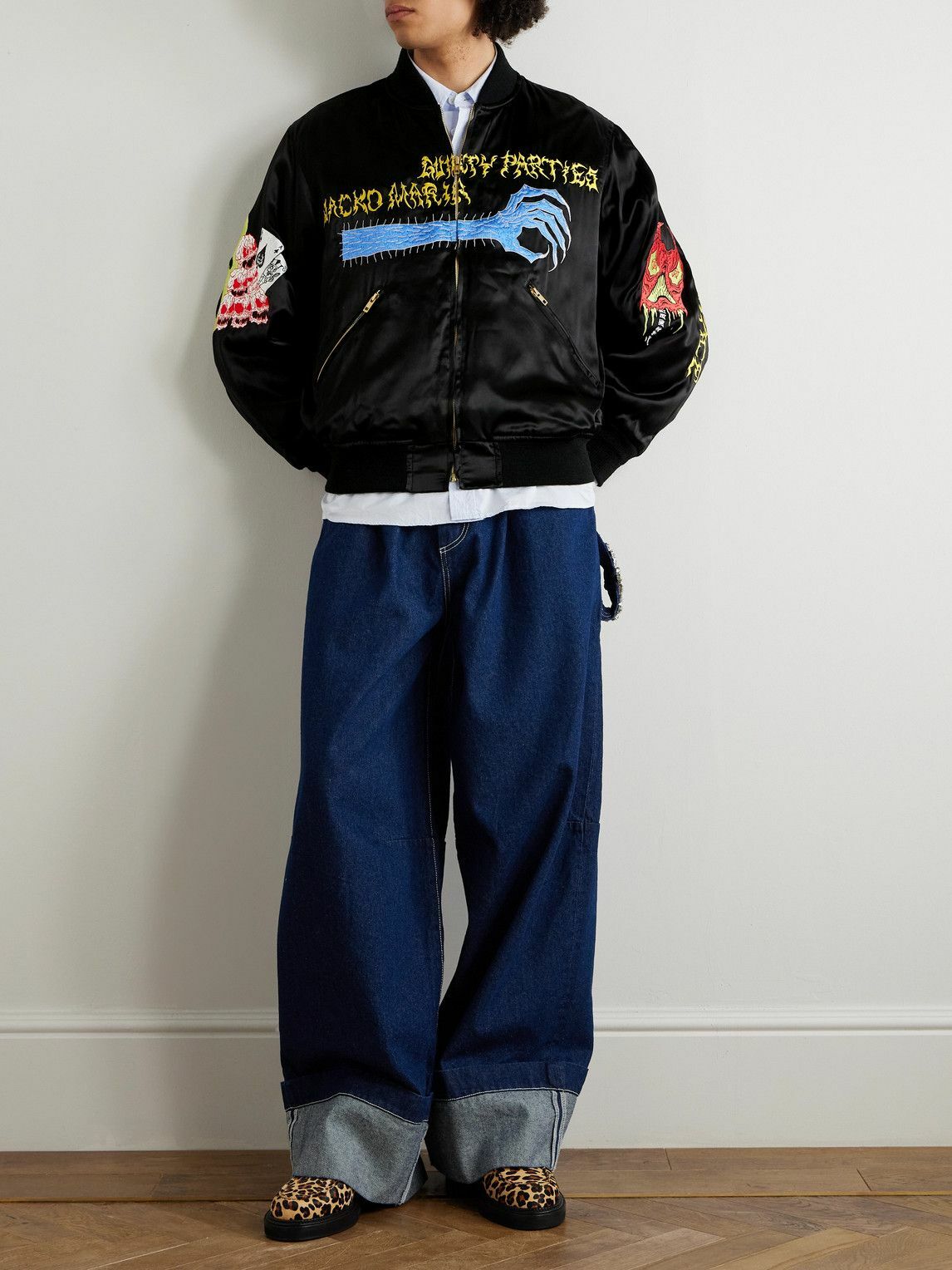 Wacko Maria - Neck Face Embroidered Satin Bomber Jacket - Black
