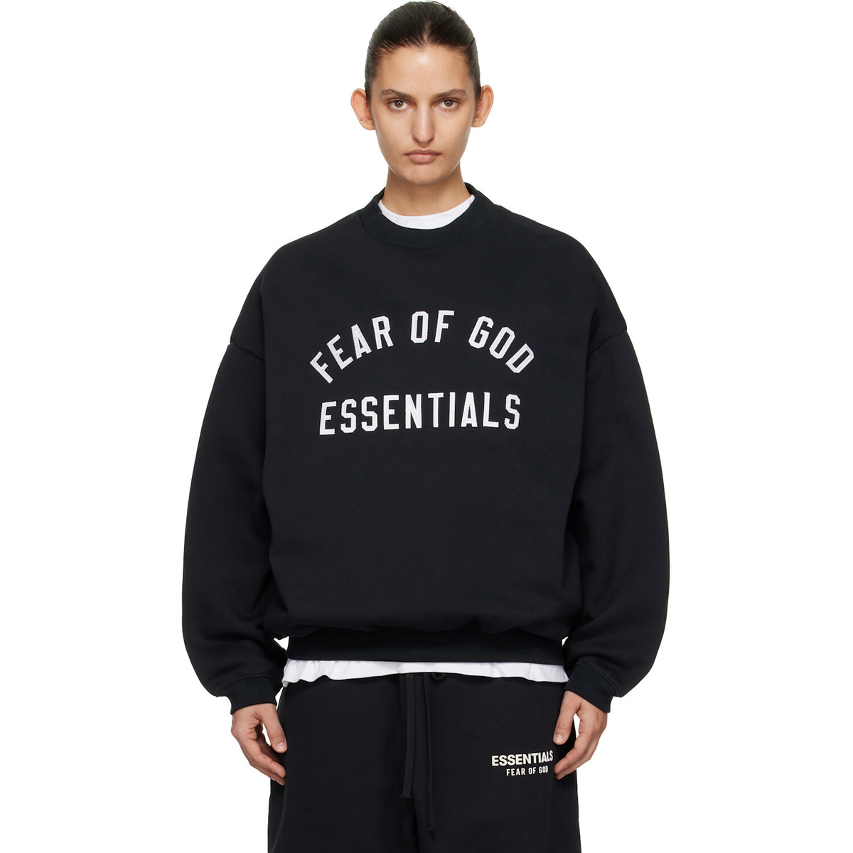 Fear of God ESSENTIALS Black Varsity Crewneck Sweatshirt