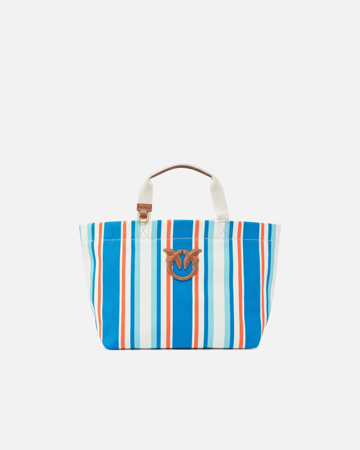 Pinko Medium Shopper Bag In Striped Canvas Orange/Light Blue Antique Gold
