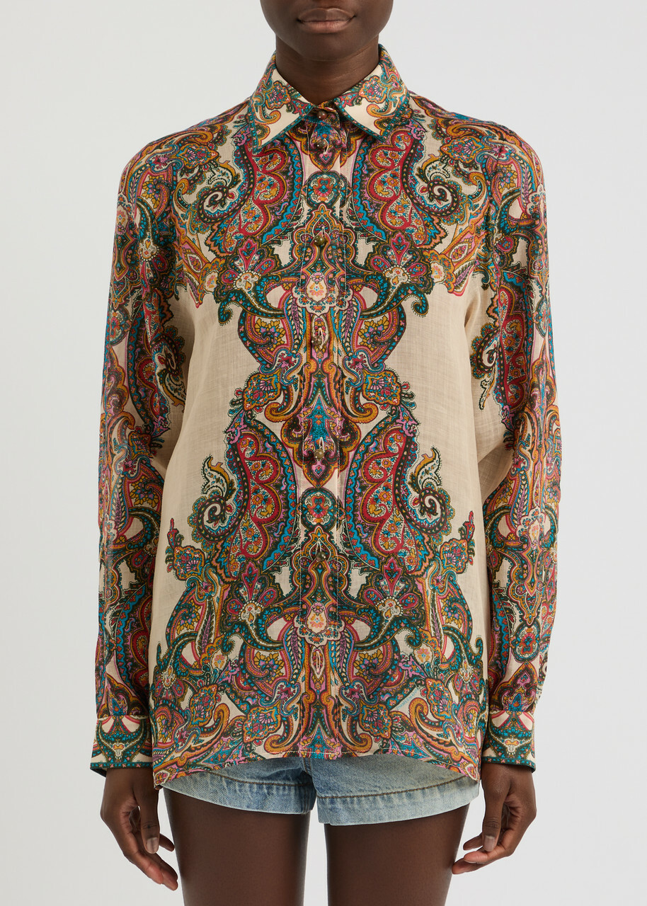 Tシャツ・カットソー ZIMMERMANN Cascadian Billow ramie shirt ZIMMERMANN Raffia-trimmed floral-print ramie shirt | THE OUTNET