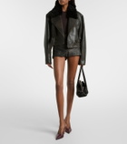 Alex Perry Shearling-trimmed cropped leather biker jacket