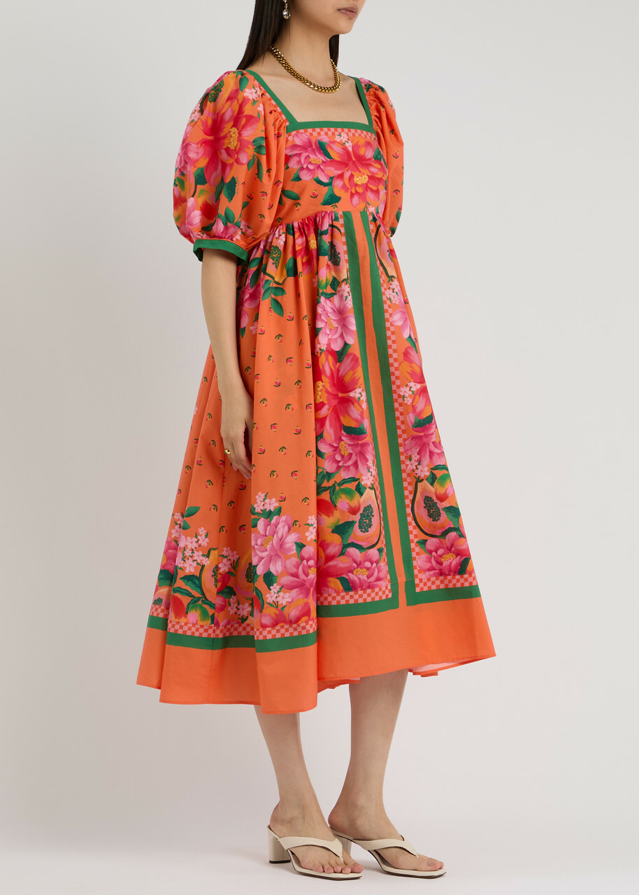 Farm Rio Fruit Garden Printed Cotton Midi Dress Orange Farm Rio