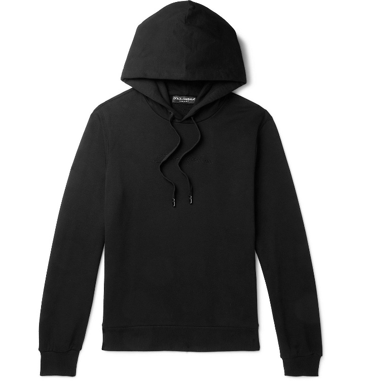 Photo: DOLCE & GABBANA - Slim-Fit Logo-Embroidered Loopback Cotton-Jersey Hoodie - Black