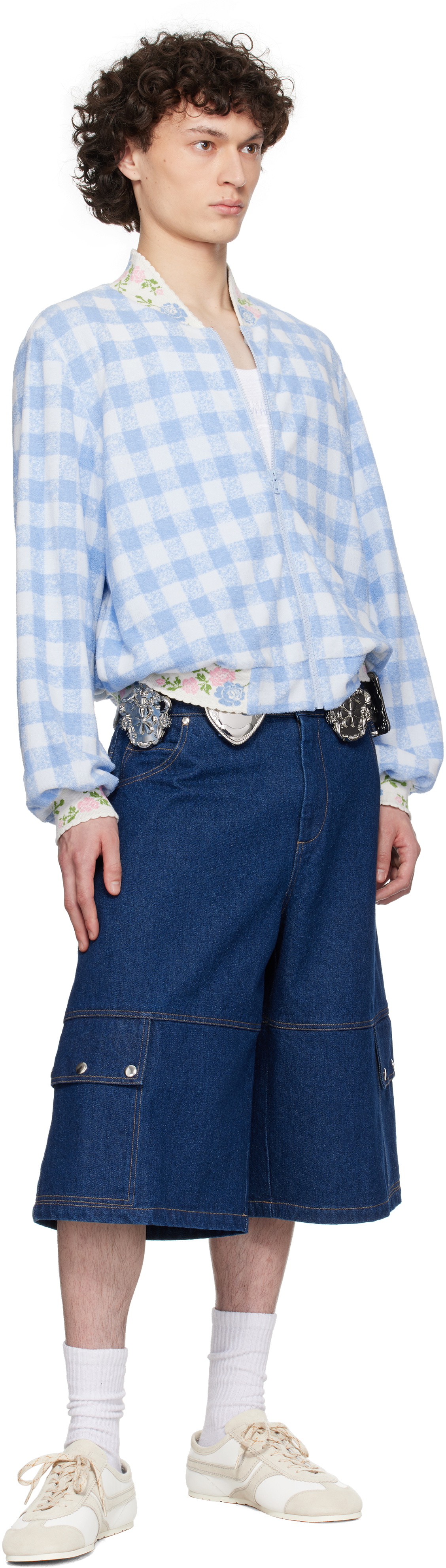 Anna Sui Blue Gingham Terry Baseball Bomber Jacket