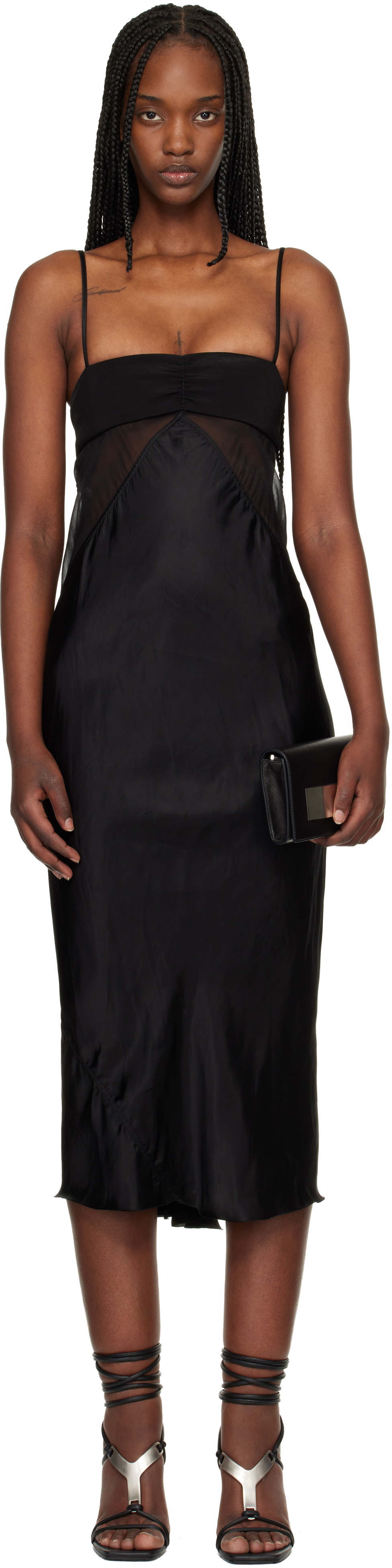 Rick Owens Black Temple Combo Slip Midi Dress
