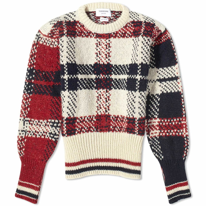 Photo: Thom Browne Men's Jacquard Tartan Donegal Crew Knit in Red/White/Blue