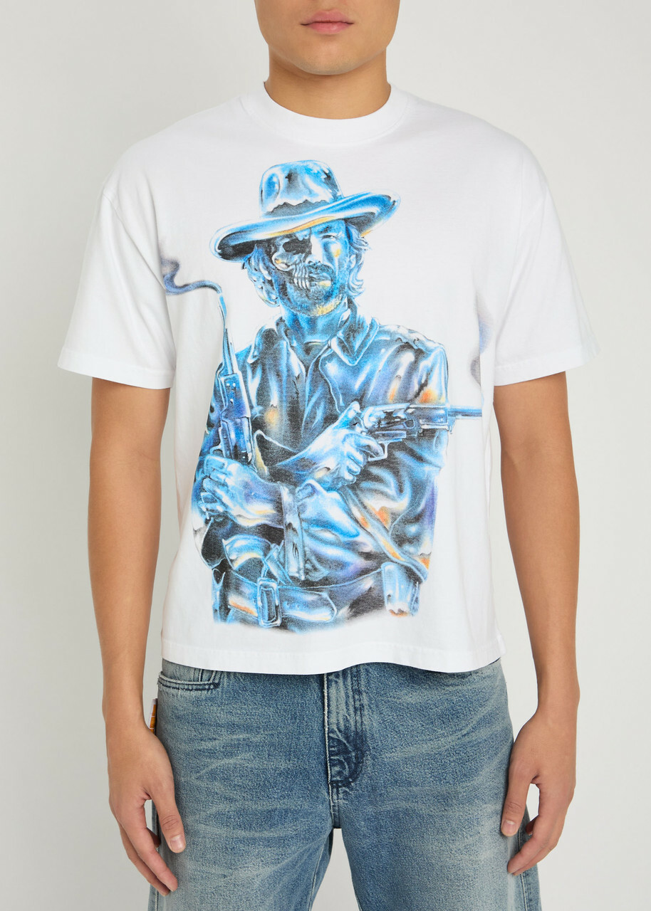 Warren Lotas Chrome Gunslinger Printed Cotton T-shirt White And Blue