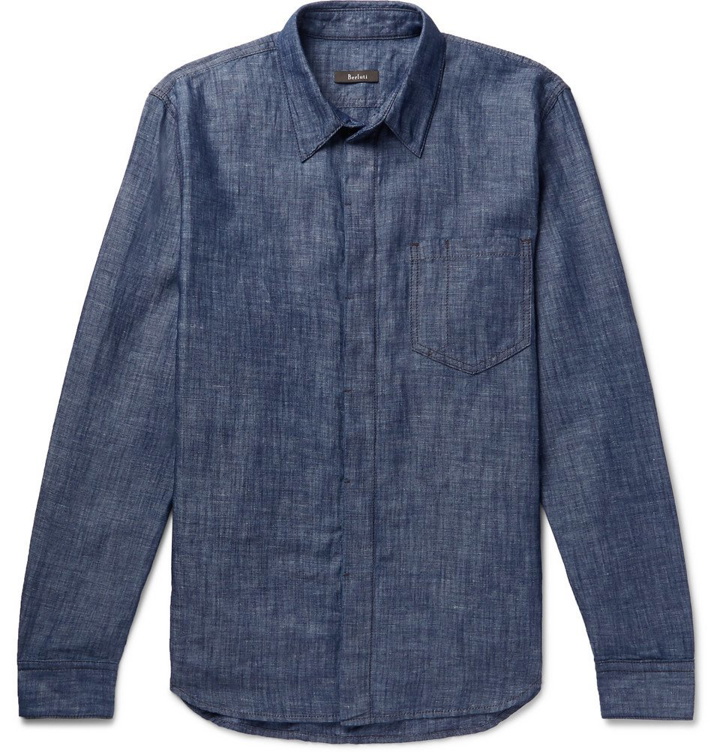 Photo: Berluti - Leather-Trimmed Cotton and Linen-Blend Chambray Shirt - Men - Blue